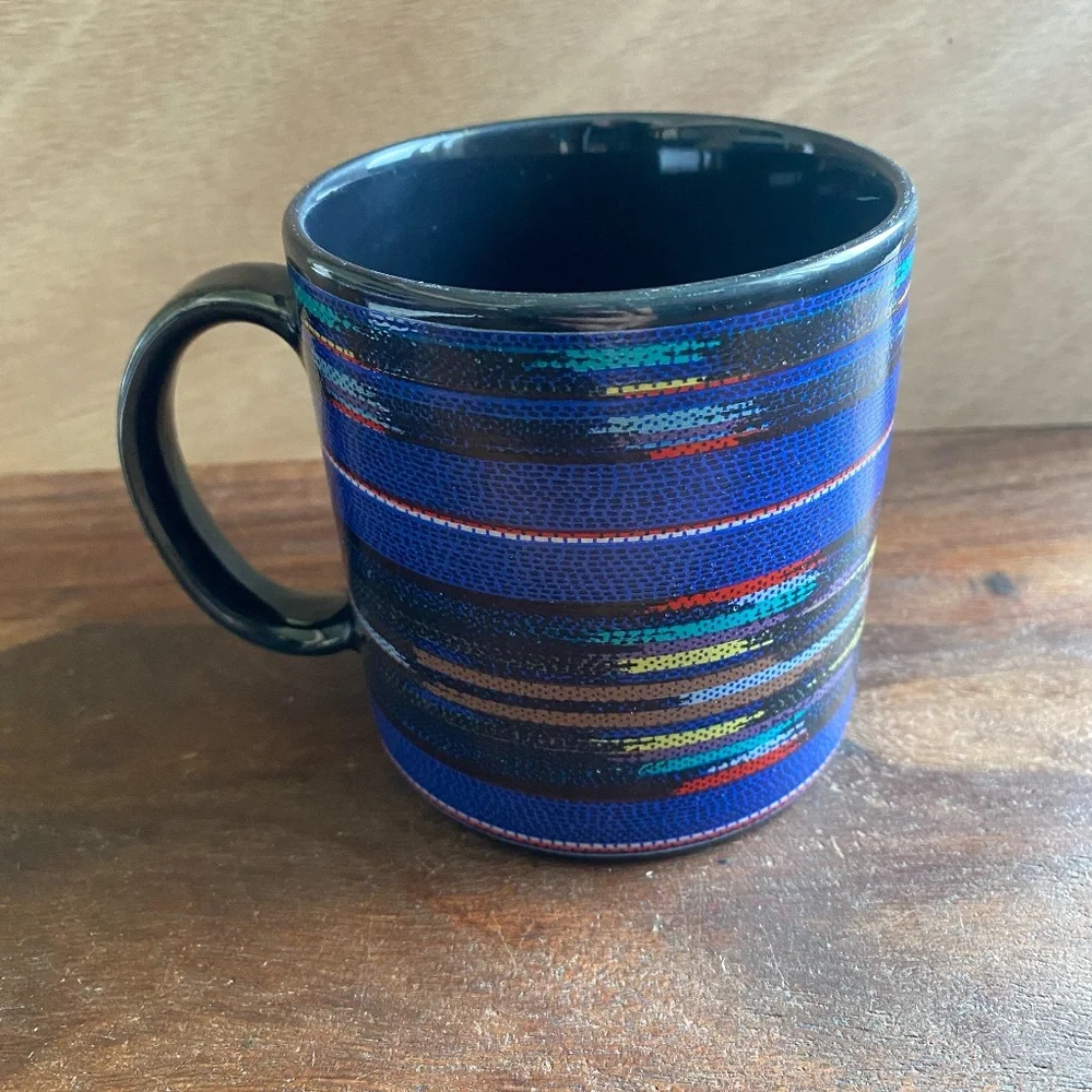 Pier 1 One Imports Handcrafted Japan Woven Patten Ceramic Mug Cup Blue Black